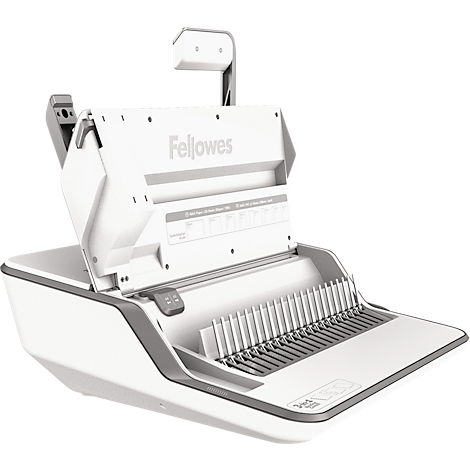 White and grey binding machine with Fellowes logo. Handle on top and pins at the bottom.