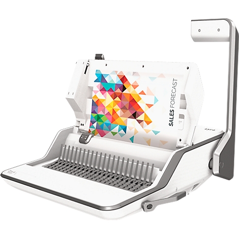 A white binding machine with a document showing a colorful graphic print and the text "SALES FORECAST".