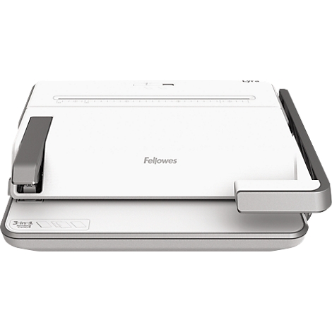 White and gray Fellowes binding machine from above. Gray brackets are attached at the top left and right. Fellowes is written on the device.
