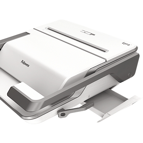 A white and gray paper shredder. The Fellowes logo is visible. The paper tray is pulled out.