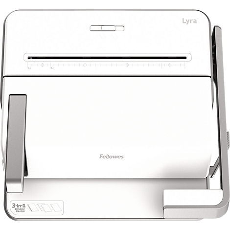 White paper shredder with 'Lyra' branding. The shredder has a 'Fellowes' logo and various labeled areas.
