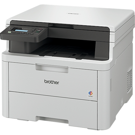 Witte Brother kleurenlaserprinter, bedieningspaneel met display en knoppen. Gedrukte tekst: Brother, kleurensymbool.
