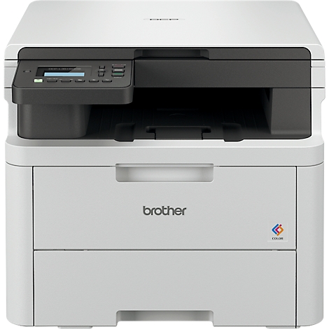 Wit en grijze kleurenlaserprinter met bedieningspaneel. "Brother" staat op de printer.
