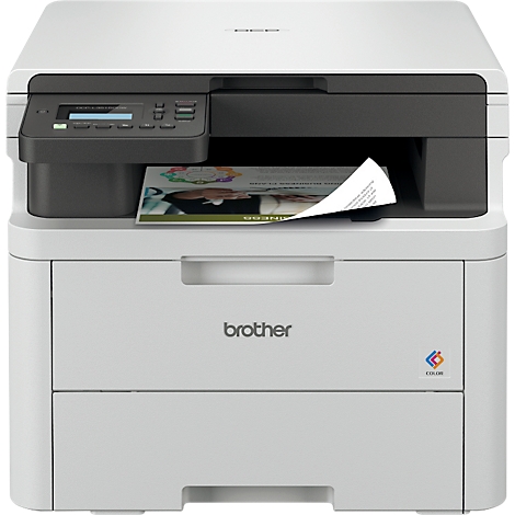 Een witte Brother-printer die een document in kleur afdrukt.