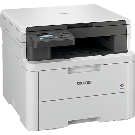 Witte printer met zwart bedieningspaneel, woordmerk brother.