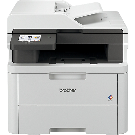 Witte printer met touchscreen, het "Brother" logo en kleurenafdruksymbool.