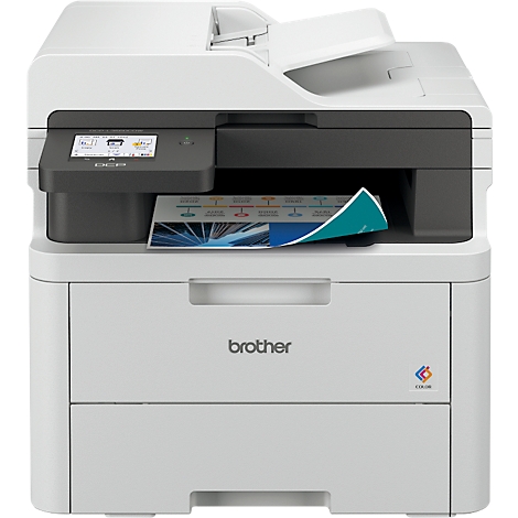 Witte multifunctionele printer, bedrukt papier in de uitvoerlade. Brother-logo zichtbaar.