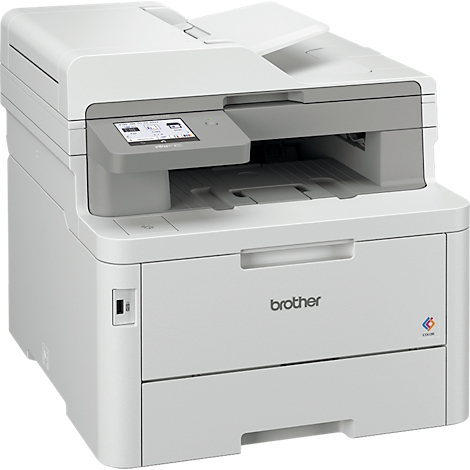 Witte Brother multifunctionele printer met een grijze bovenkant en een klein scherm.