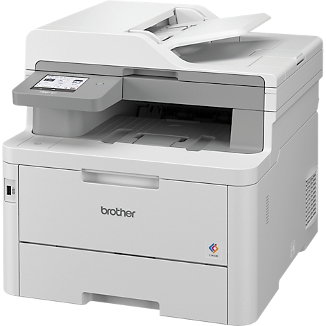 Witte Brother laserprinter. Een scanner is open. Bedieningsknoppen en display zijn zichtbaar.