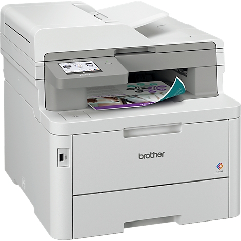 Witte Brother multifunctionele printer. Een kleurrijk document wordt afgedrukt. Er staat een scanner boven.