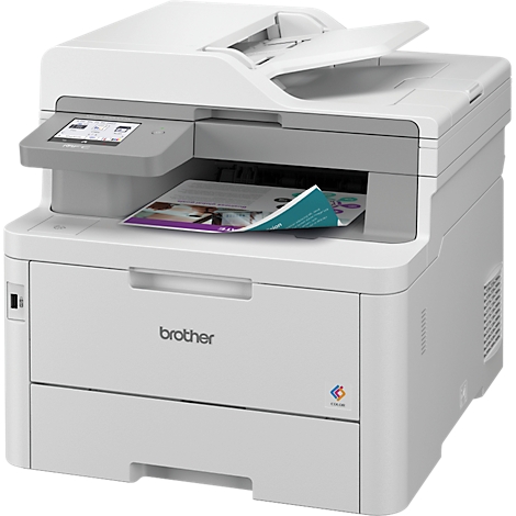 Witte printer met open deksel, papieruitvoer en kleurenbanner. De printer is van het merk 'Brother'.