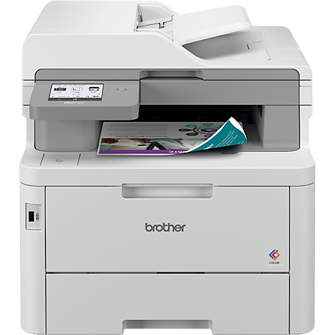 Witte Brother multifunction printer met papieruitvoer. Grijs bedieningspaneel, kleurenlogo, documentuitvoer.