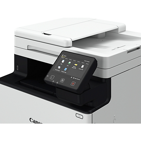 Detailopname van een witte Canon multifunctionele printer. Het zwarte touchscreen toont pictogrammen. De printer staat op een wit oppervlak.