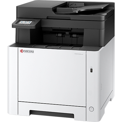 Compacte wit-zwarte Kyocera laserprinter met touchscreen bedieningspaneel op een neutrale achtergrond.