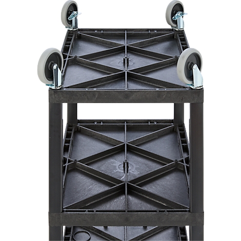 Zwarte rolwagen met twee niveaus en vier zwenkwielen vanuit vogelperspectief.