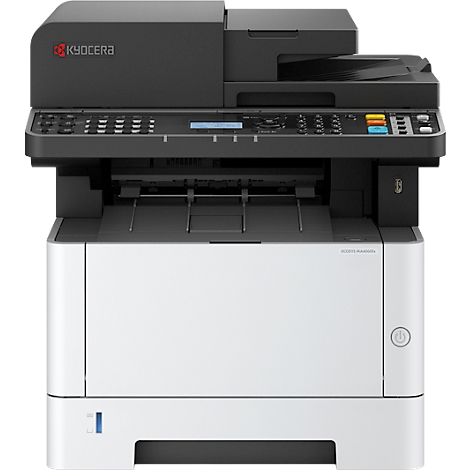 Een zwart-wit multifunctionele printer met het Kyocera-logo, bedieningspaneel en papieruitvoertray.