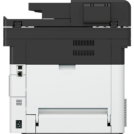 Zijaanzicht van een zwart-wit printer. Bovenop is een flatbedscanner. Hieronder een papieruitvoertray.