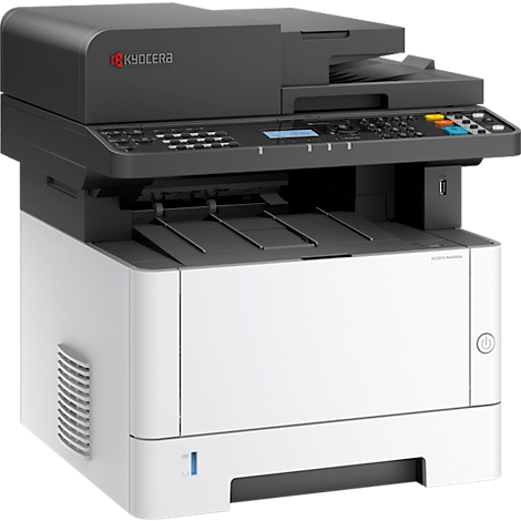 Vooraanzicht van een wit en zwarte Kyocera multifunctionele printer. Bedieningsknoppen rechtsboven.