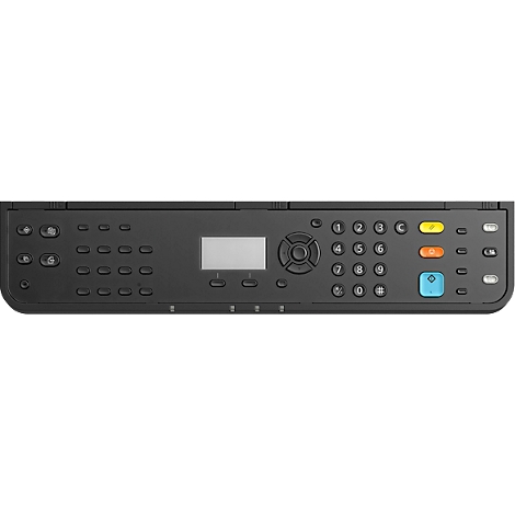 Bedieningspaneel van een printer: zwarte behuizing met knoppen, display en numeriek toetsenbord. Geel, oranje, blauw. Rechthoekig display.