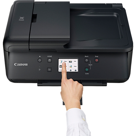 Zwarte printer met touchscreen, een vinger raakt het scherm aan. Canon logo links.