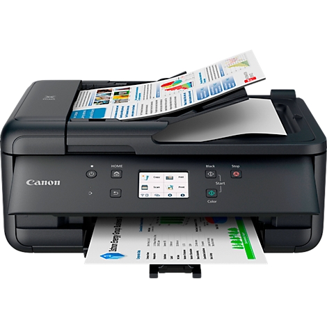 Zwarte Canon printer met bedrukte vellen. Symbolen zijn zichtbaar op het display.