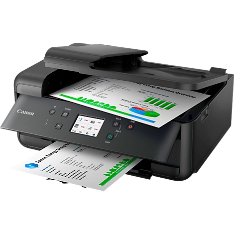 Zwarte Canon-printer die documenten afdrukt. Diagrammen, tabellen en tekst op het papier. Het display toont iconen.