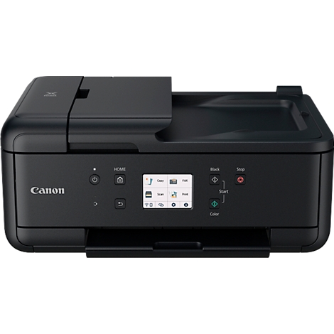 Zwarte Canon-printer. Een display met bedieningsknoppen, een papiertoevoer en het Canon-logo zijn zichtbaar.