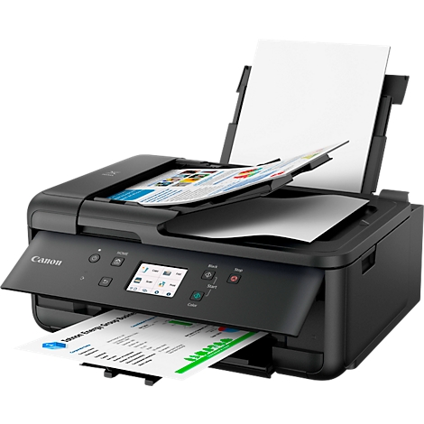 Zwarte Canon printer, print documenten en vellen. Verschillende functies worden weergegeven op het display van de printer.