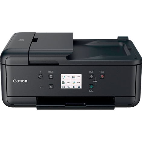 Zwarte Canon inkjetprinter geplaatst op een witte ondergrond. Er staan knoppen op de printer zoals "Home", "Start" en "Color".
