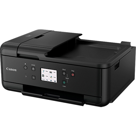 Zwarte Canon multifunctionele printer, bedieningspaneel met display, papierlade.
