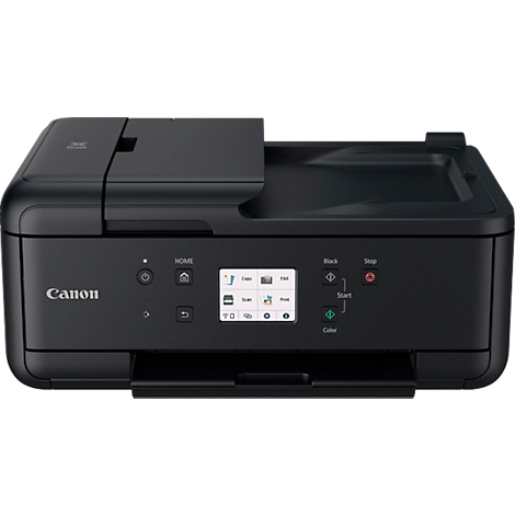 Zwart Canon multifunctionele printer, vooraanzicht. Een touchscreen op het oppervlak, start-, stop- en kleurenknoppen. Papieruitvoertray aan de onderkant.