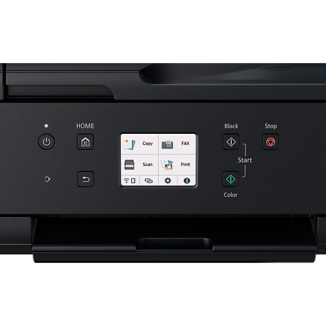 Close-up van een zwarte printer. Het bedieningspaneel heeft knoppen en een scherm met diverse functies.
