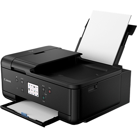 Een zwarte Canon-printer met de papierlade open. Opties worden weergegeven op het scherm. De papierlade is ook open.