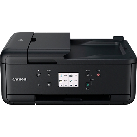 Zwarte Canon multifunctionele printer, met bedieningspaneel en kleurenscherm.