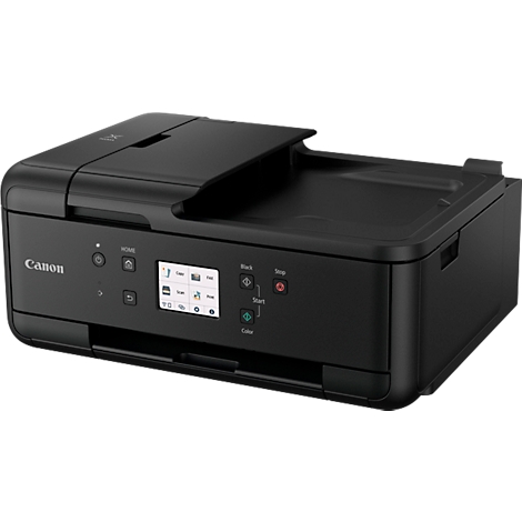 Zwarte Canon-printer met bedieningspaneel en papieruitvoerslede.