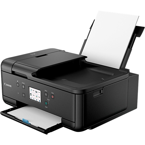 Zwarte Canon printer met open papierlade en opgetild deksel.