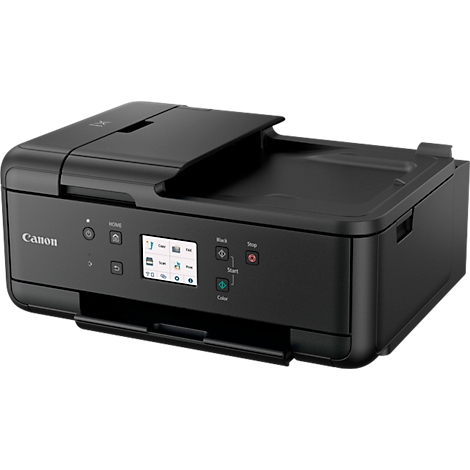Zwart Canon multifunctionele printer, vooraanzicht. Met display, bedieningsknoppen, papierlade en open deksel.