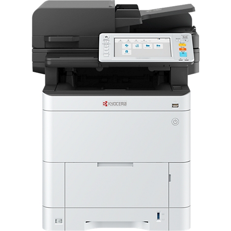 Een zwart-wit Kyocera multifunctionele printer. Het display toont iconen. Functietoetsen bevinden zich rechts en links van het display.
