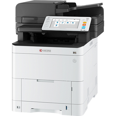 Een wit en zwarte Kyocera multifunctionele printer met een touchscreen en knoppen.