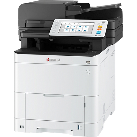 Zwart-wit multifunctionele printer. Touchscreen met iconen. Kyocera-logo is zichtbaar.