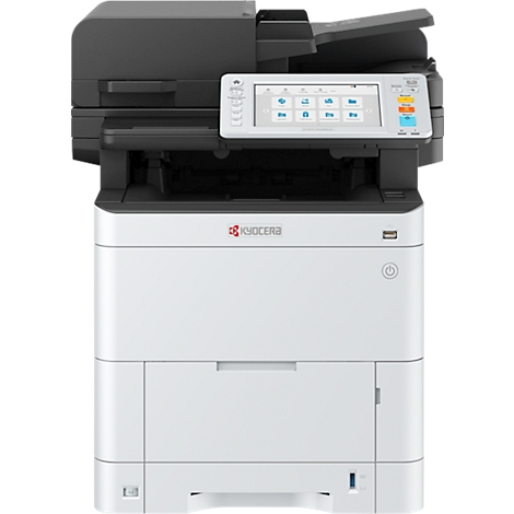 Zwart-wit Kyocera multifunctionele printer met touchscreen bedieningspaneel. Zwarte bovenkant, witte behuizing met lades.