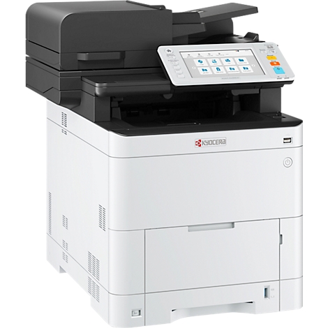Witte multifunctionele printer met zwarte deksel en bedieningspaneel. Display toont iconen. Kyocera-opschrift.