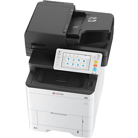 Een zwart-witte multifunctionele printer met een groot touchscreen. Een invoer aan de bovenkant, een papierlade aan de onderkant.