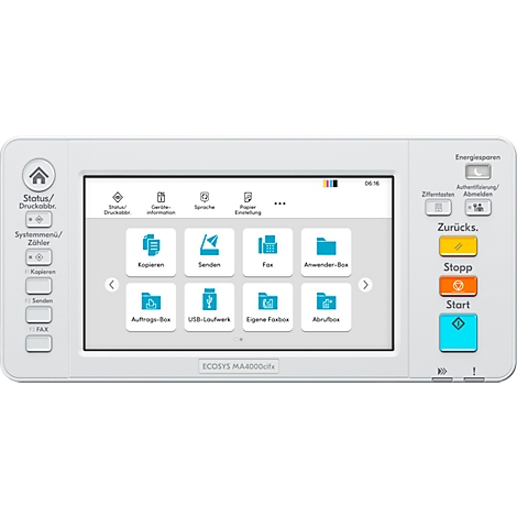 Wit bedieningspaneel van een printer met touchscreen, menu en gekleurde knoppen.