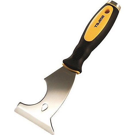 Schraper met geel en zwart handvat. Lemmet met verschillende vormen, merknaam Tajima.