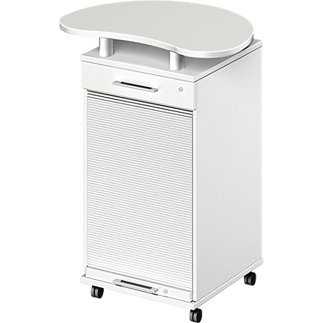 Witte bijzettafel met een halvemaanvormig blad. Hij heeft wielen, een roldeur en een lade.