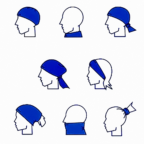 Illustrationen zeigen verschiedene Möglichkeiten, ein blaues Tuch als Kopfbedeckung oder Halstuch zu tragen.