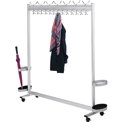 Metal clothes rack with coat and scarf. To the right an umbrella, and holders below.