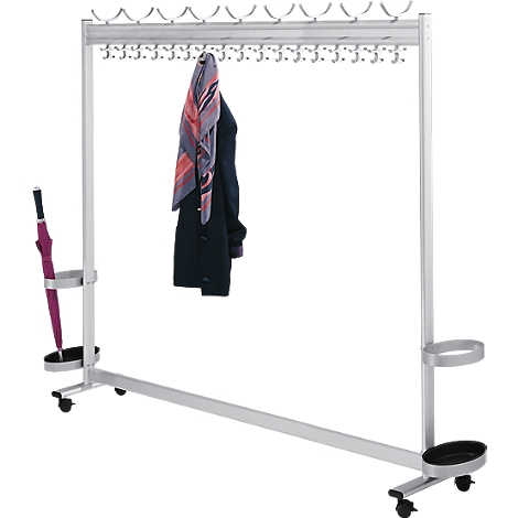 Silver coat rack with hangers. A coat and a scarf hang on it. An umbrella stands in a holder.