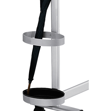 Metal umbrella stand with a black umbrella.